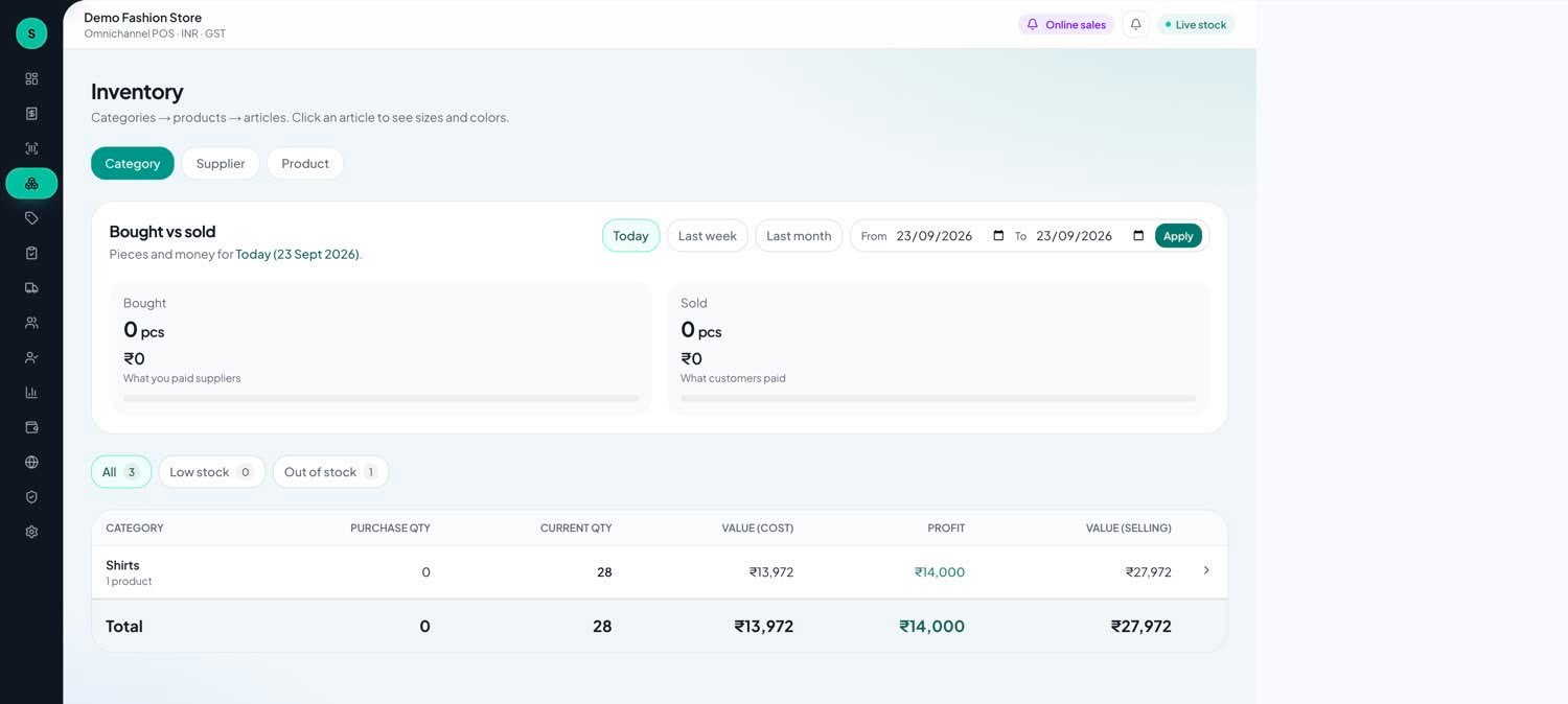 Salesify inventory by category with quantity, cost and selling value